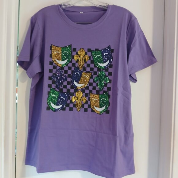 Women's Mardi Gras Purple Tee Shirt NWT SZ L Mask Design - Picture 2 of 4